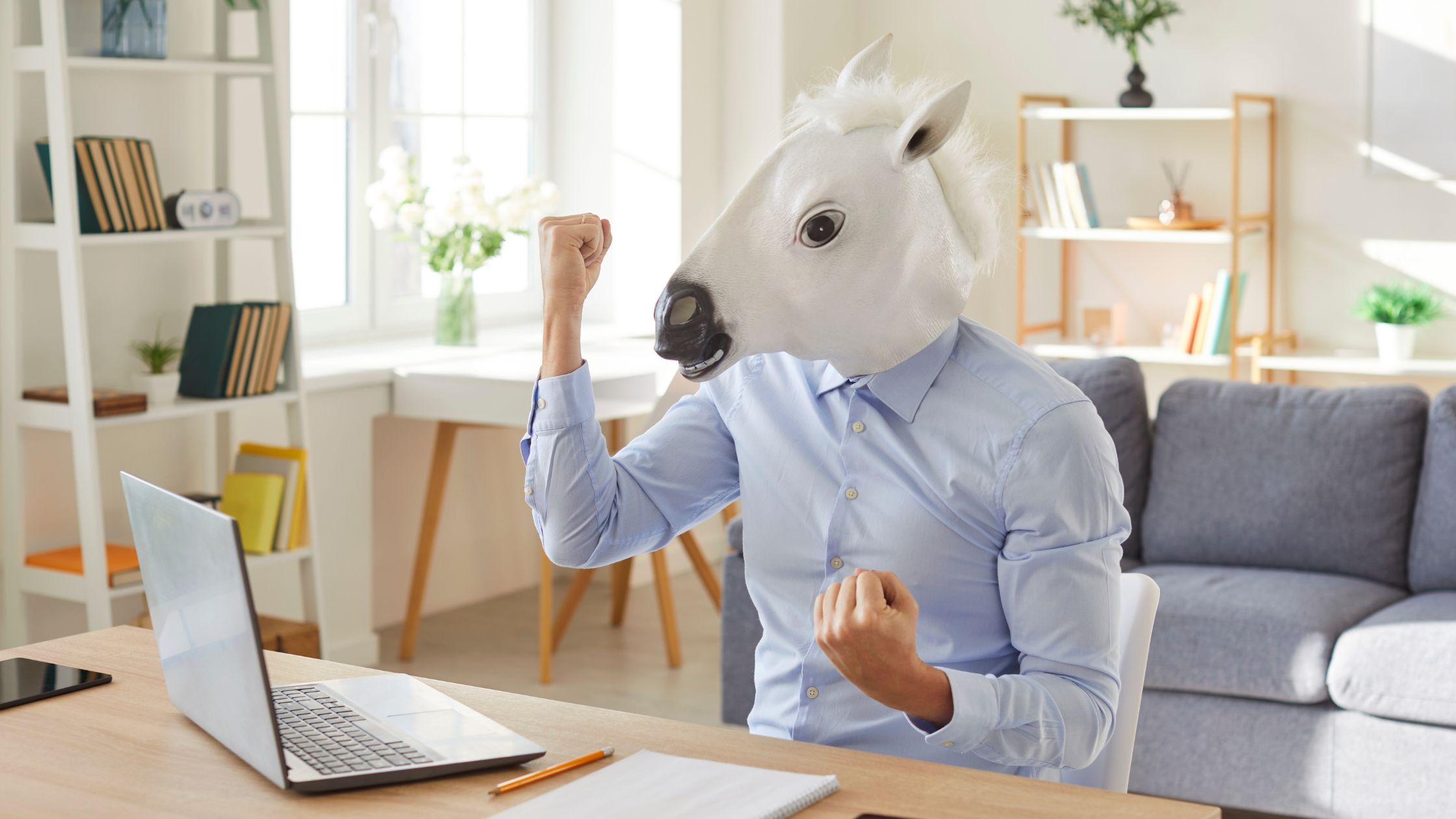 Person in a horse mask celebrating at a laptop, representing the excitement of finally getting your website right
